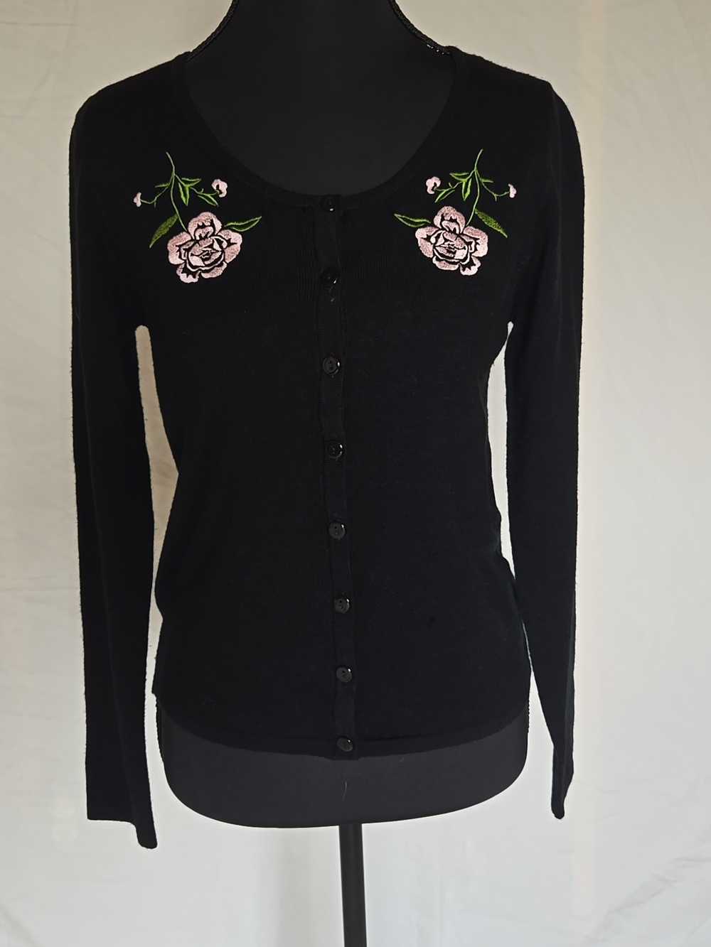Collectif Black Cardigan Sweater With Pink Rose Embroidery UK14